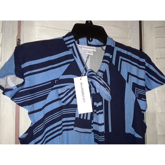 Liz Claiborne Dress Size 10P Cap Sleeve Blue Geometric MIDI Button Down - Picture 4 of 9